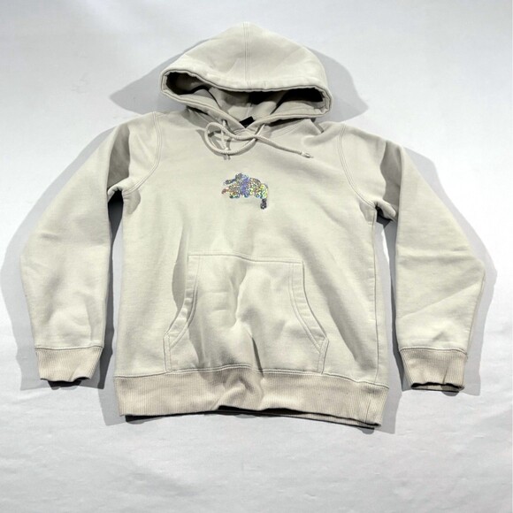 Stussy Beige Vintage Mens Pullover Hoodie Sweatshirt Graphic Holograph Y2K Sz XS - Picture 1 of 12
